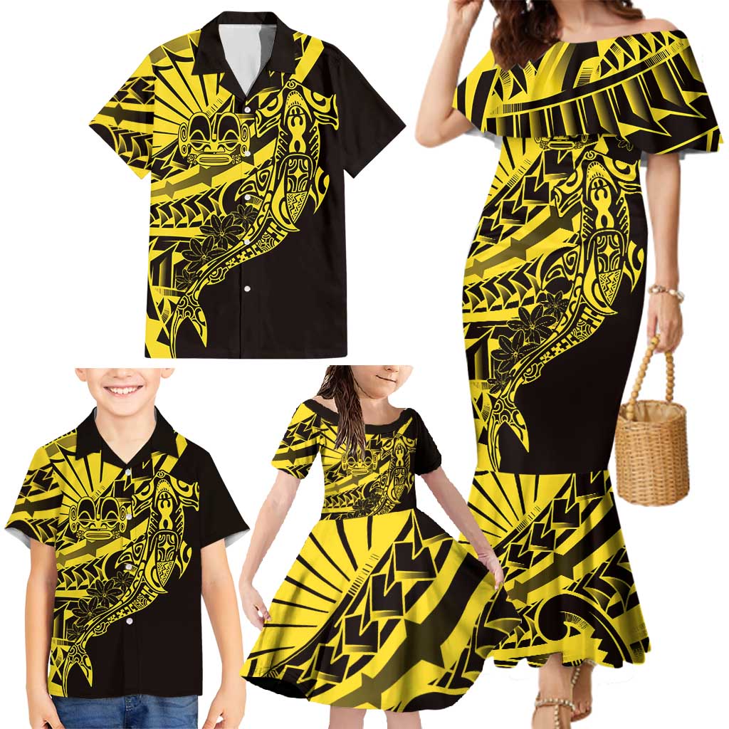 Yellow Marquesas Islands Family Matching Mermaid Dress and Hawaiian Shirt Marquesan Matatiki Hammerhead Shark Patutiki - Polynesian Pride