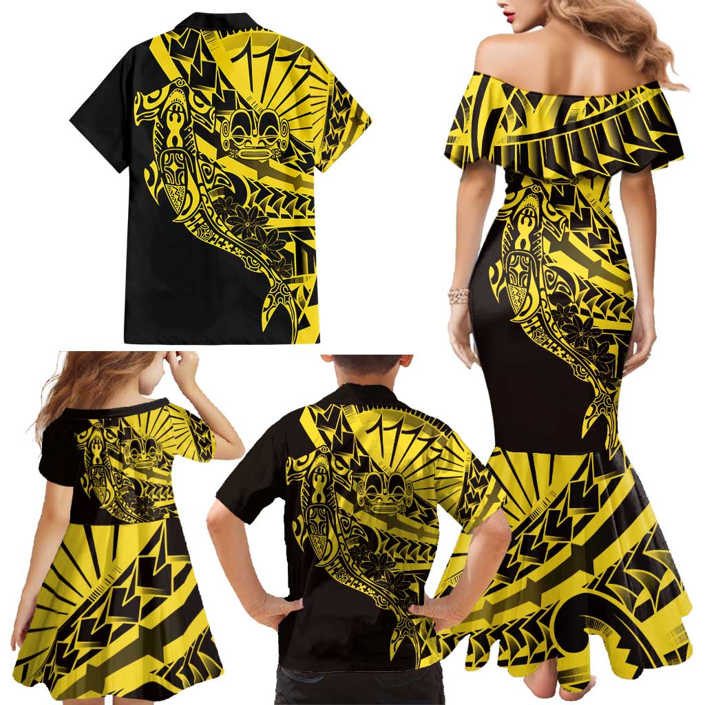 Yellow Marquesas Islands Family Matching Mermaid Dress and Hawaiian Shirt Marquesan Matatiki Hammerhead Shark Patutiki - Polynesian Pride
