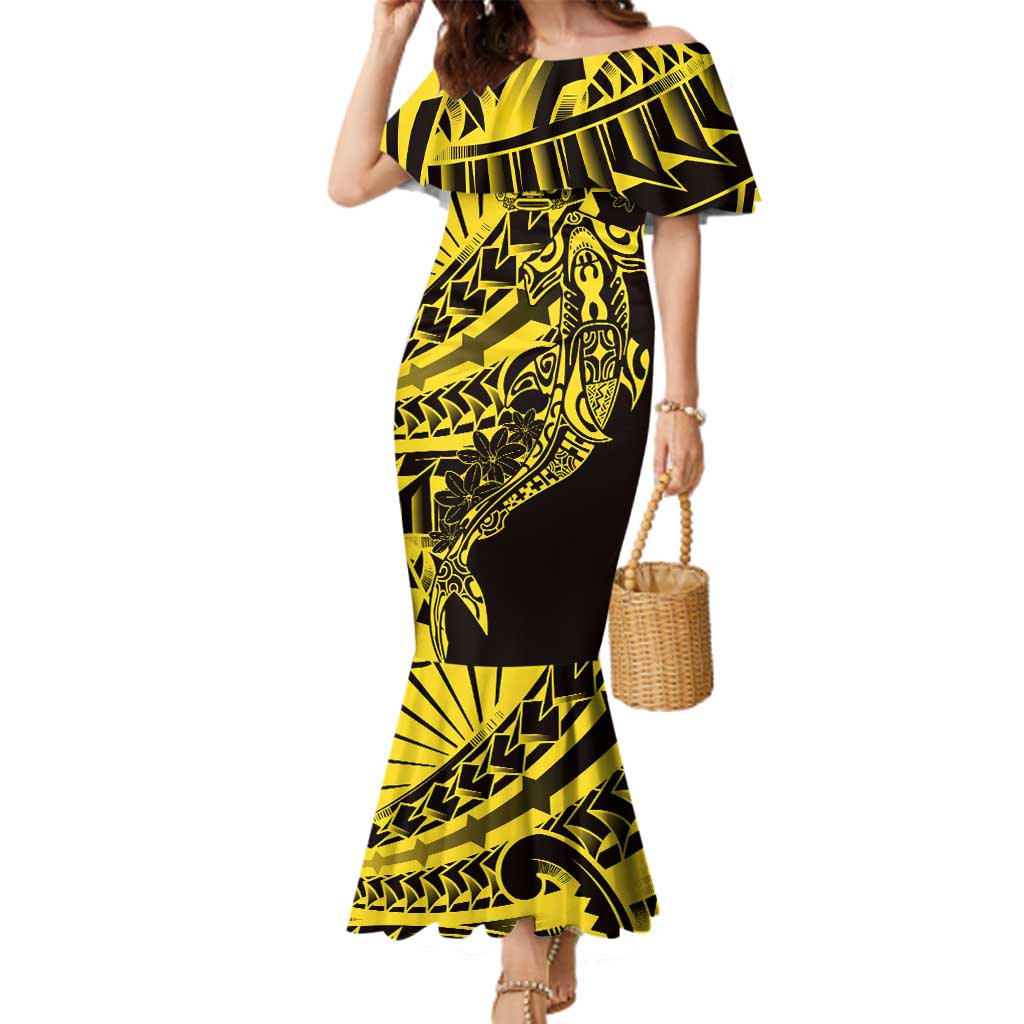 Yellow Marquesas Islands Family Matching Mermaid Dress and Hawaiian Shirt Marquesan Matatiki Hammerhead Shark Patutiki - Polynesian Pride