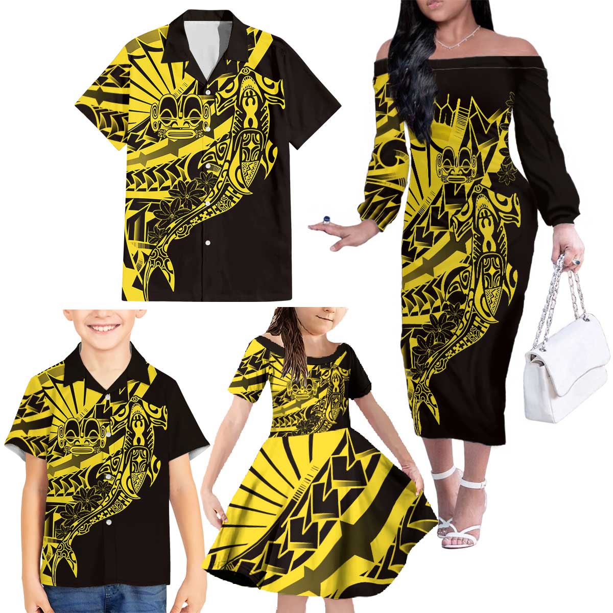 Yellow Marquesas Islands Family Matching Off The Shoulder Long Sleeve Dress and Hawaiian Shirt Marquesan Matatiki Hammerhead Shark Patutiki - Polynesian Pride