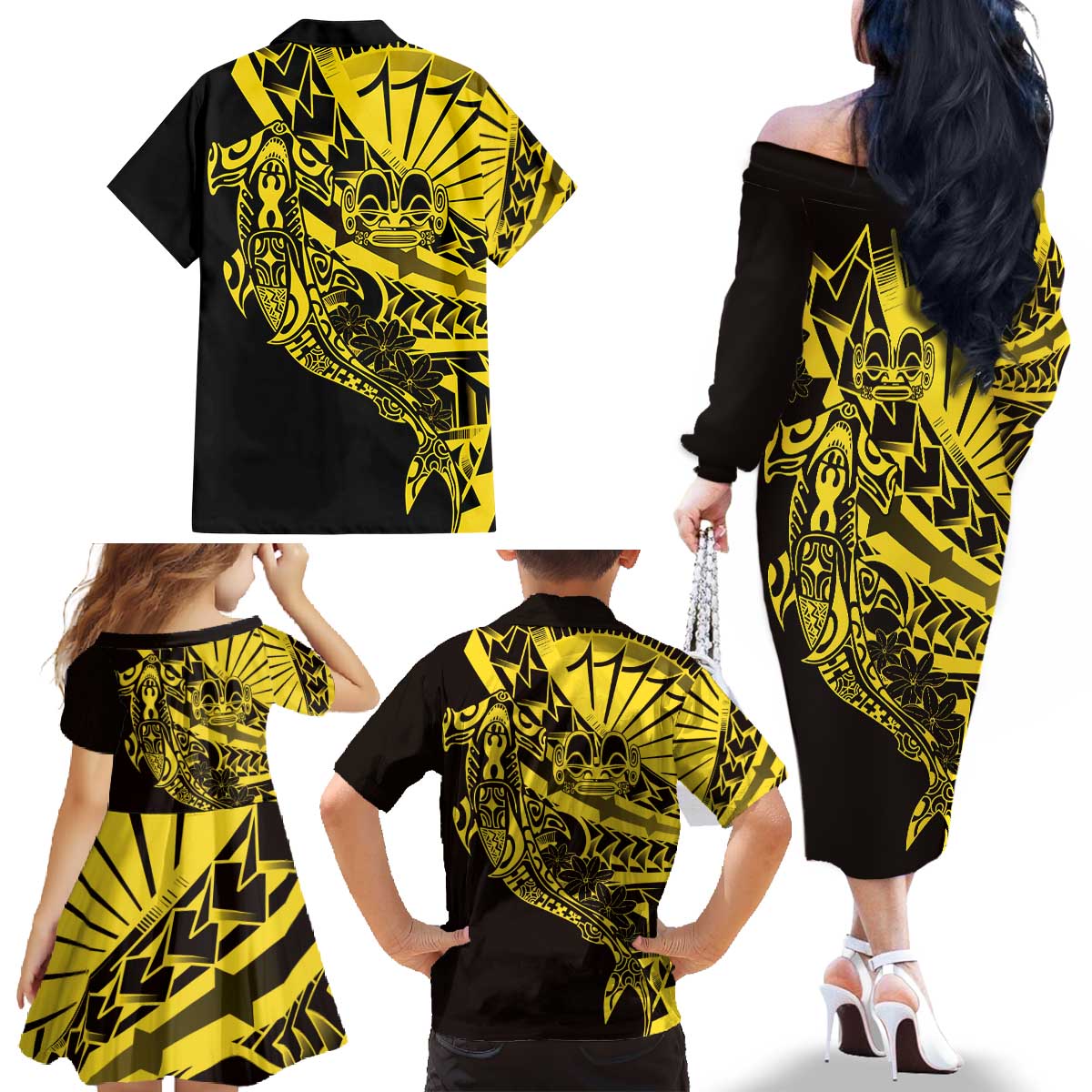 Yellow Marquesas Islands Family Matching Off The Shoulder Long Sleeve Dress and Hawaiian Shirt Marquesan Matatiki Hammerhead Shark Patutiki - Polynesian Pride