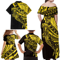 Yellow Marquesas Islands Family Matching Off Shoulder Maxi Dress and Hawaiian Shirt Marquesan Matatiki Hammerhead Shark Patutiki - Polynesian Pride