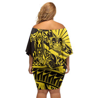 Yellow Marquesas Islands Family Matching Off Shoulder Short Dress and Hawaiian Shirt Marquesan Matatiki Hammerhead Shark Patutiki - Polynesian Pride