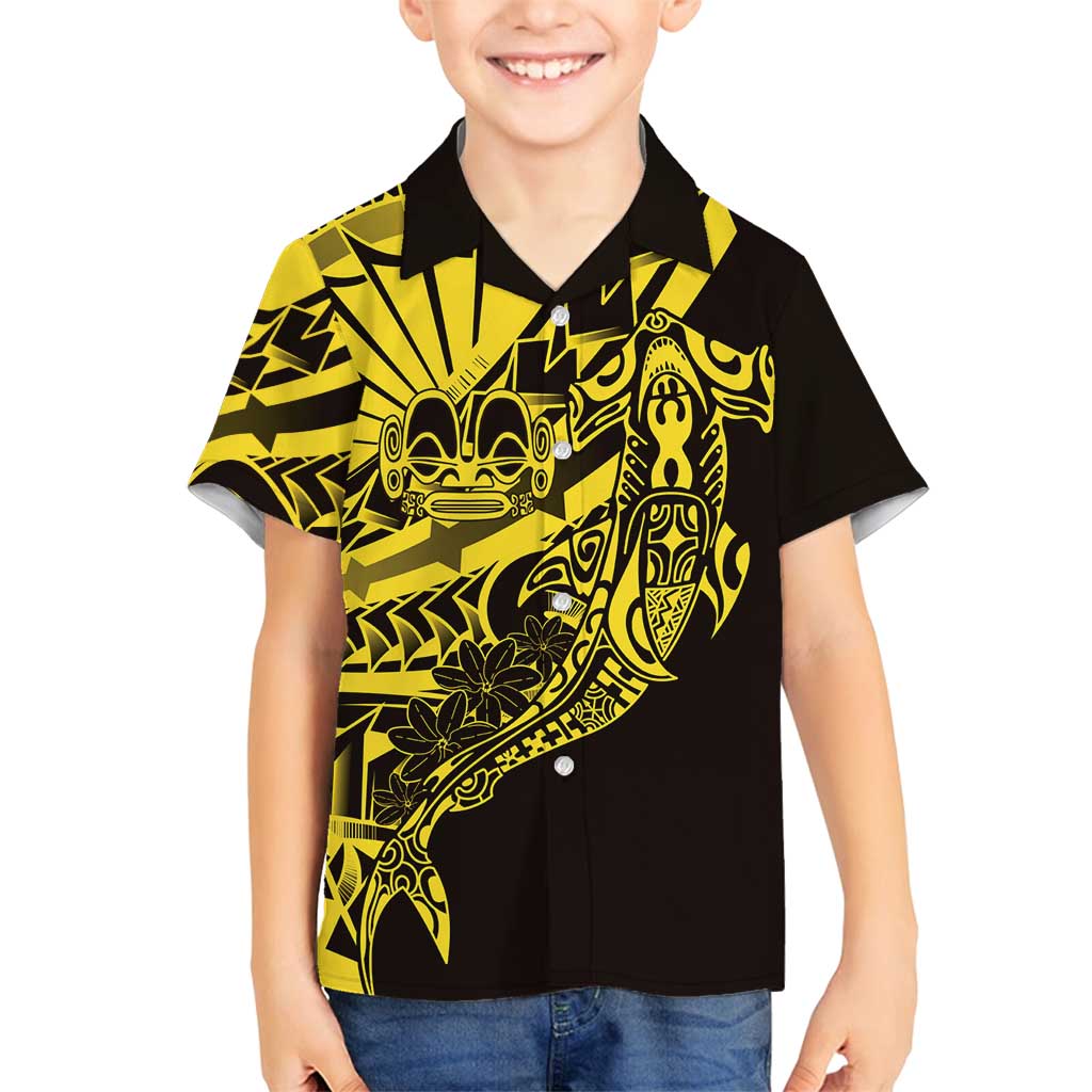 Yellow Marquesas Islands Family Matching Puletasi and Hawaiian Shirt Marquesan Matatiki Hammerhead Shark Patutiki - Polynesian Pride