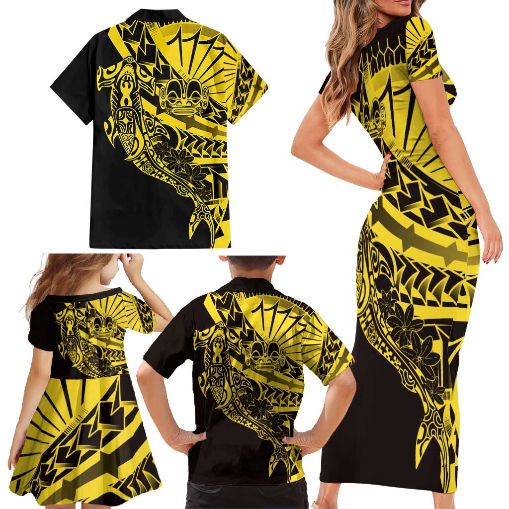 Yellow Marquesas Islands Family Matching Short Sleeve Bodycon Dress and Hawaiian Shirt Marquesan Matatiki Hammerhead Shark Patutiki - Polynesian Pride