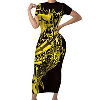 Yellow Marquesas Islands Family Matching Short Sleeve Bodycon Dress and Hawaiian Shirt Marquesan Matatiki Hammerhead Shark Patutiki - Polynesian Pride