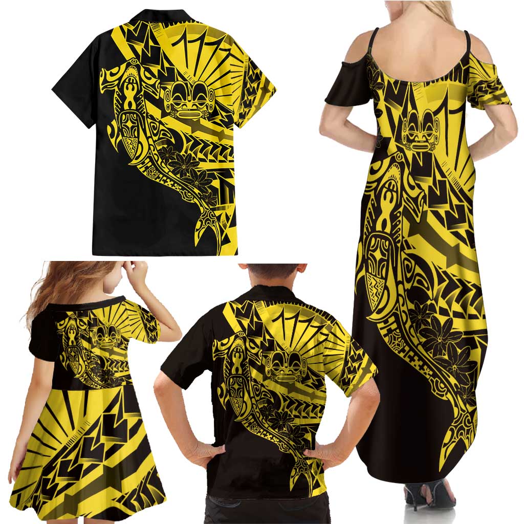 Yellow Marquesas Islands Family Matching Summer Maxi Dress and Hawaiian Shirt Marquesan Matatiki Hammerhead Shark Patutiki - Polynesian Pride