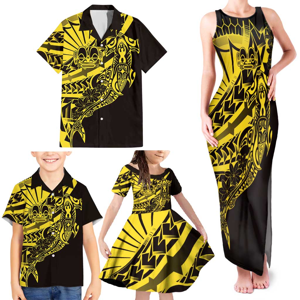 Yellow Marquesas Islands Family Matching Tank Maxi Dress and Hawaiian Shirt Marquesan Matatiki Hammerhead Shark Patutiki - Polynesian Pride