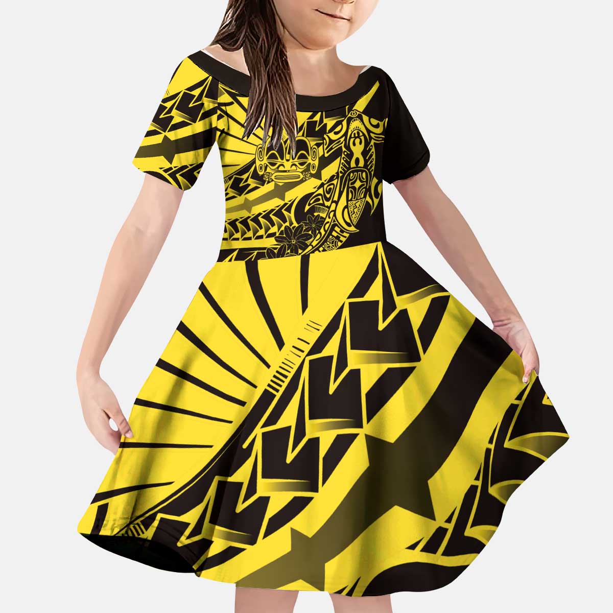 Yellow Marquesas Islands Kid Short Sleeve Dress Marquesan Matatiki Hammerhead Shark Patutiki - Polynesian Pride
