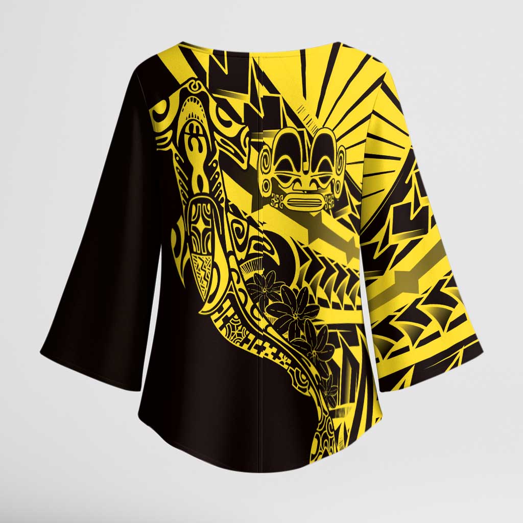Yellow Marquesas Islands Kimono Sleeve Blouse Marquesan Matatiki Hammerhead Shark Patutiki - Polynesian Pride