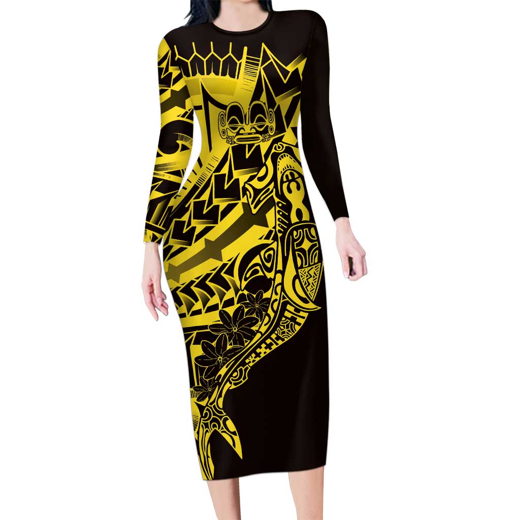 Yellow Marquesas Islands Long Sleeve Bodycon Dress Marquesan Matatiki Hammerhead Shark Patutiki - Polynesian Pride