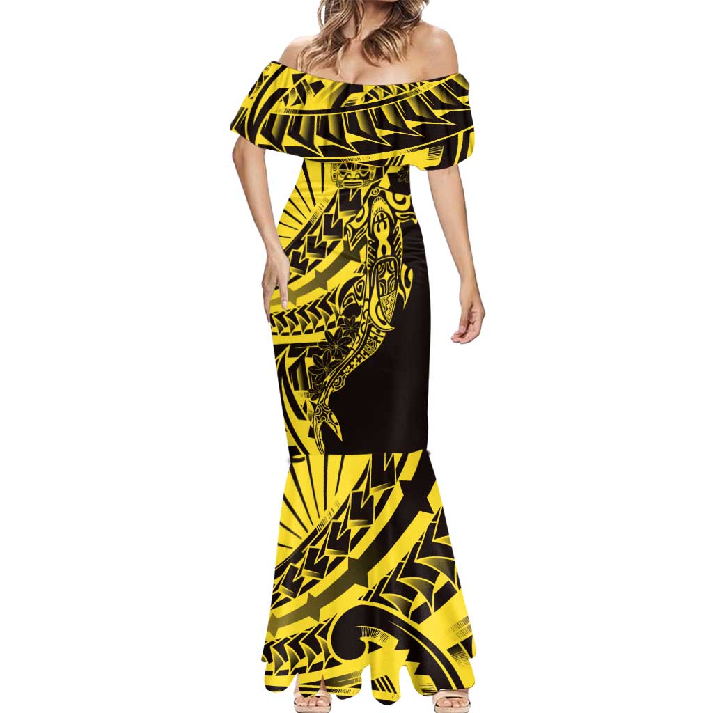 Yellow Marquesas Islands Mermaid Dress Marquesan Matatiki Hammerhead Shark Patutiki - Polynesian Pride