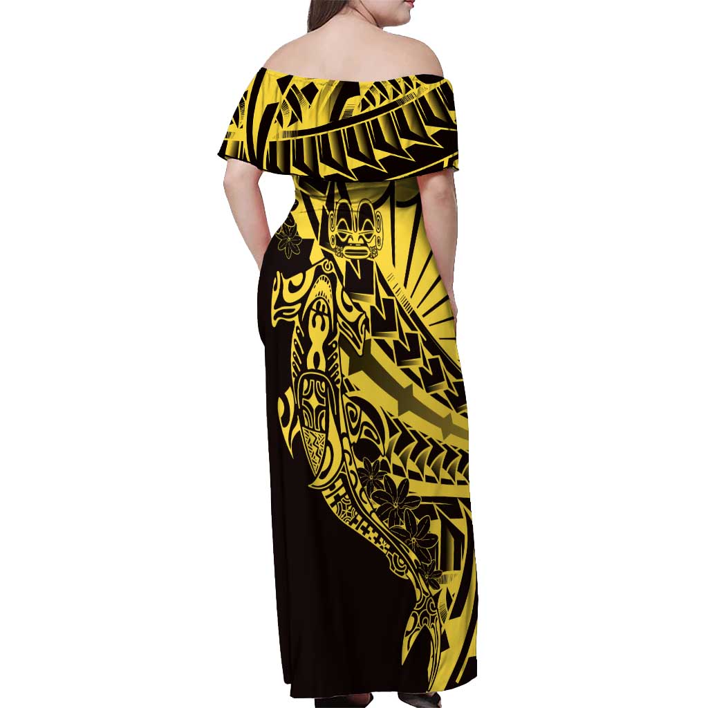 Yellow Marquesas Islands Off Shoulder Maxi Dress Marquesan Matatiki Hammerhead Shark Patutiki - Polynesian Pride