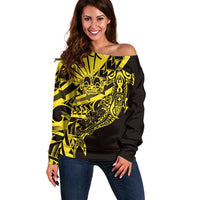 Yellow Marquesas Islands Off Shoulder Sweater Marquesan Matatiki Hammerhead Shark Patutiki - Polynesian Pride
