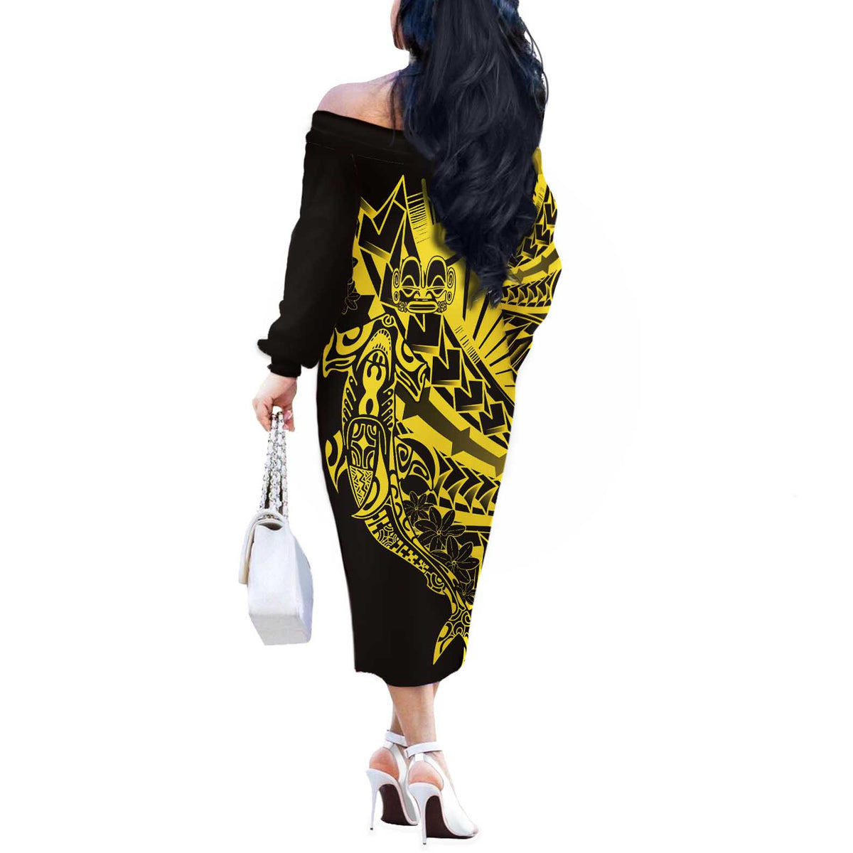 Yellow Marquesas Islands Off The Shoulder Long Sleeve Dress Marquesan Matatiki Hammerhead Shark Patutiki - Polynesian Pride