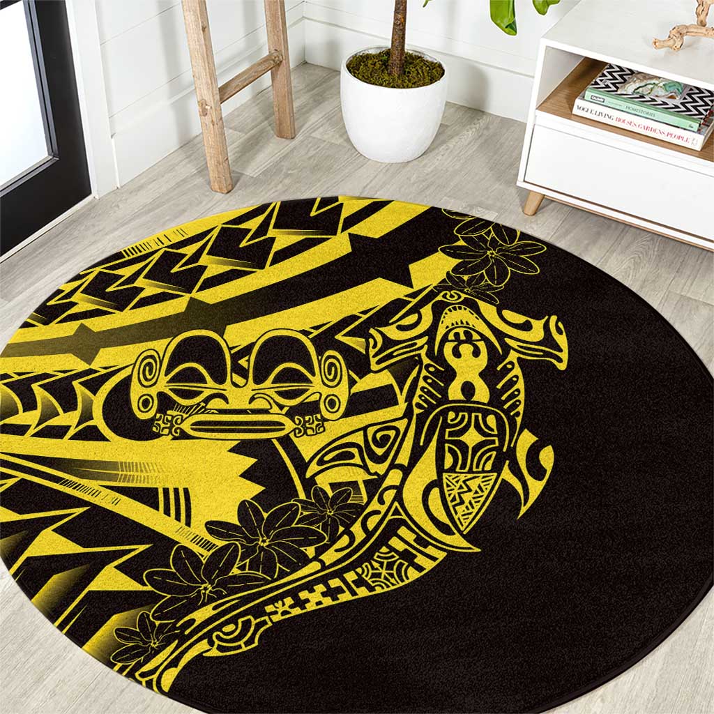 Yellow Marquesas Islands Round Carpet Marquesan Matatiki Hammerhead Shark Patutiki - Polynesian Pride