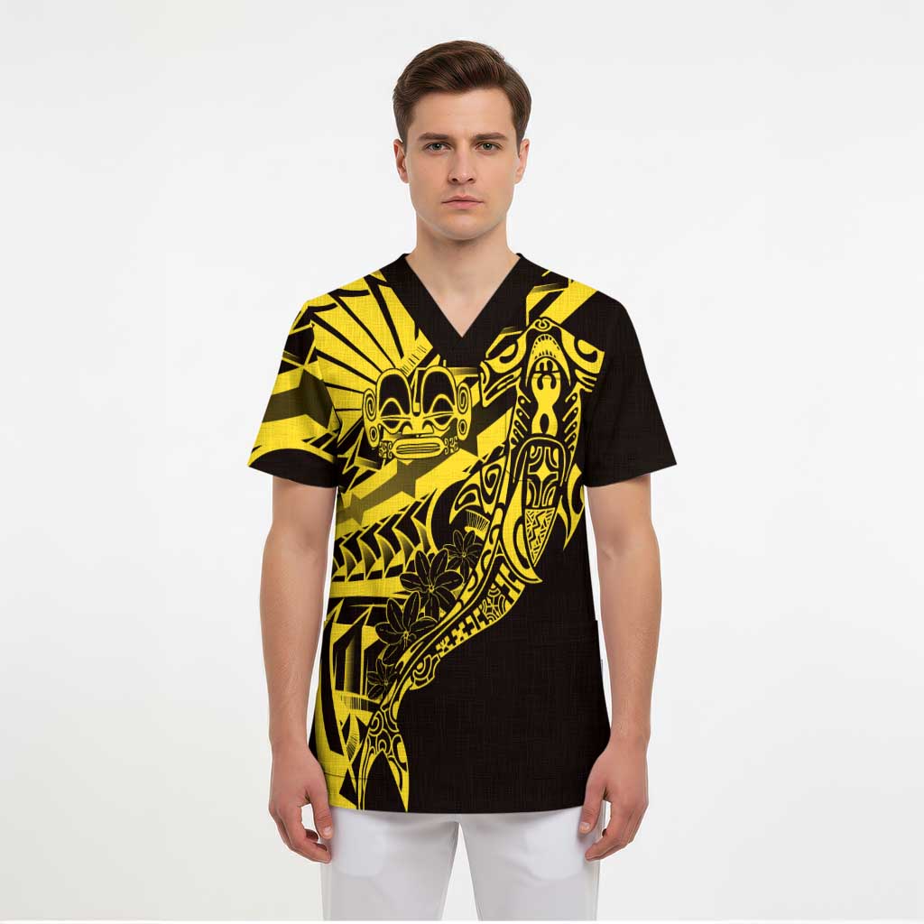 Yellow Marquesas Islands Scrub Top Marquesan Matatiki Hammerhead Shark Patutiki - Polynesian Pride