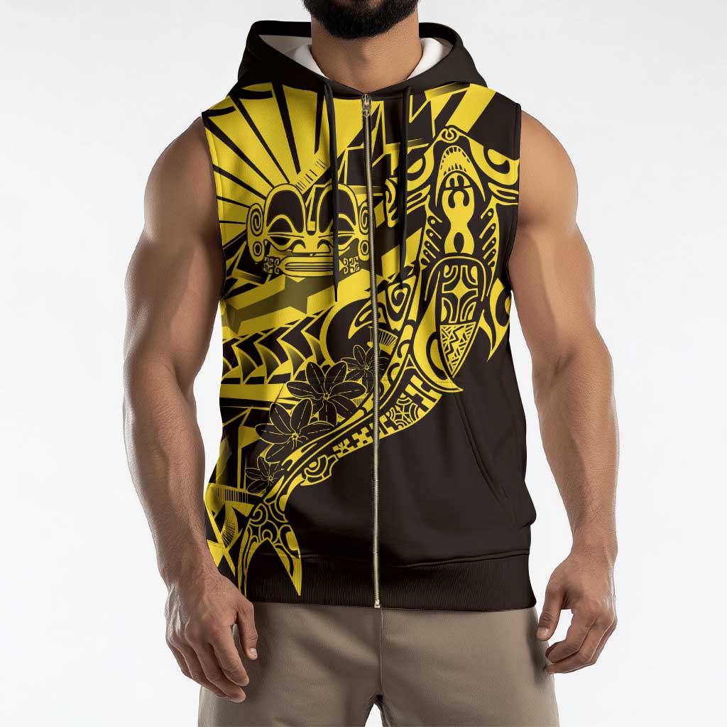 Yellow Marquesas Islands Sleeveless Zip Hoodie Marquesan Matatiki Hammerhead Shark Patutiki - Polynesian Pride