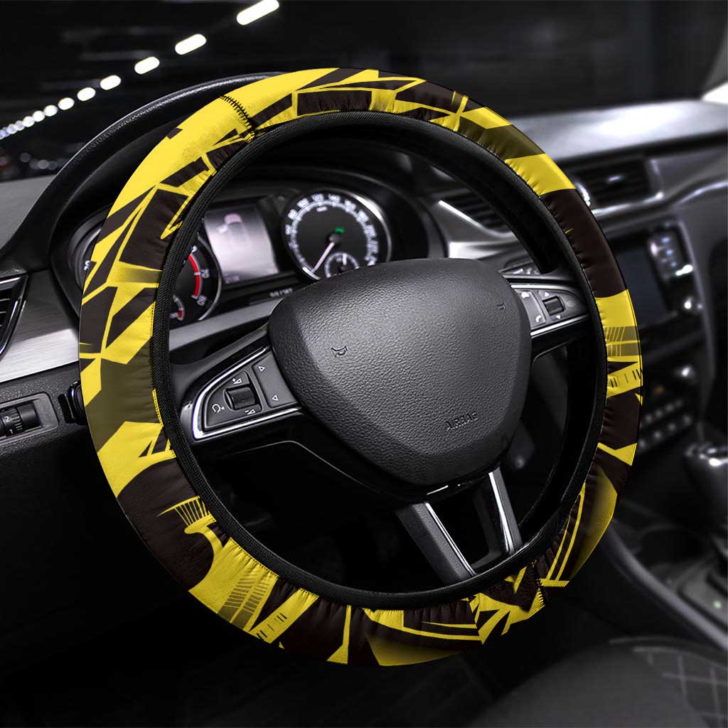 Yellow Marquesas Islands Steering Wheel Cover Marquesan Matatiki Hammerhead Shark Patutiki - Polynesian Pride