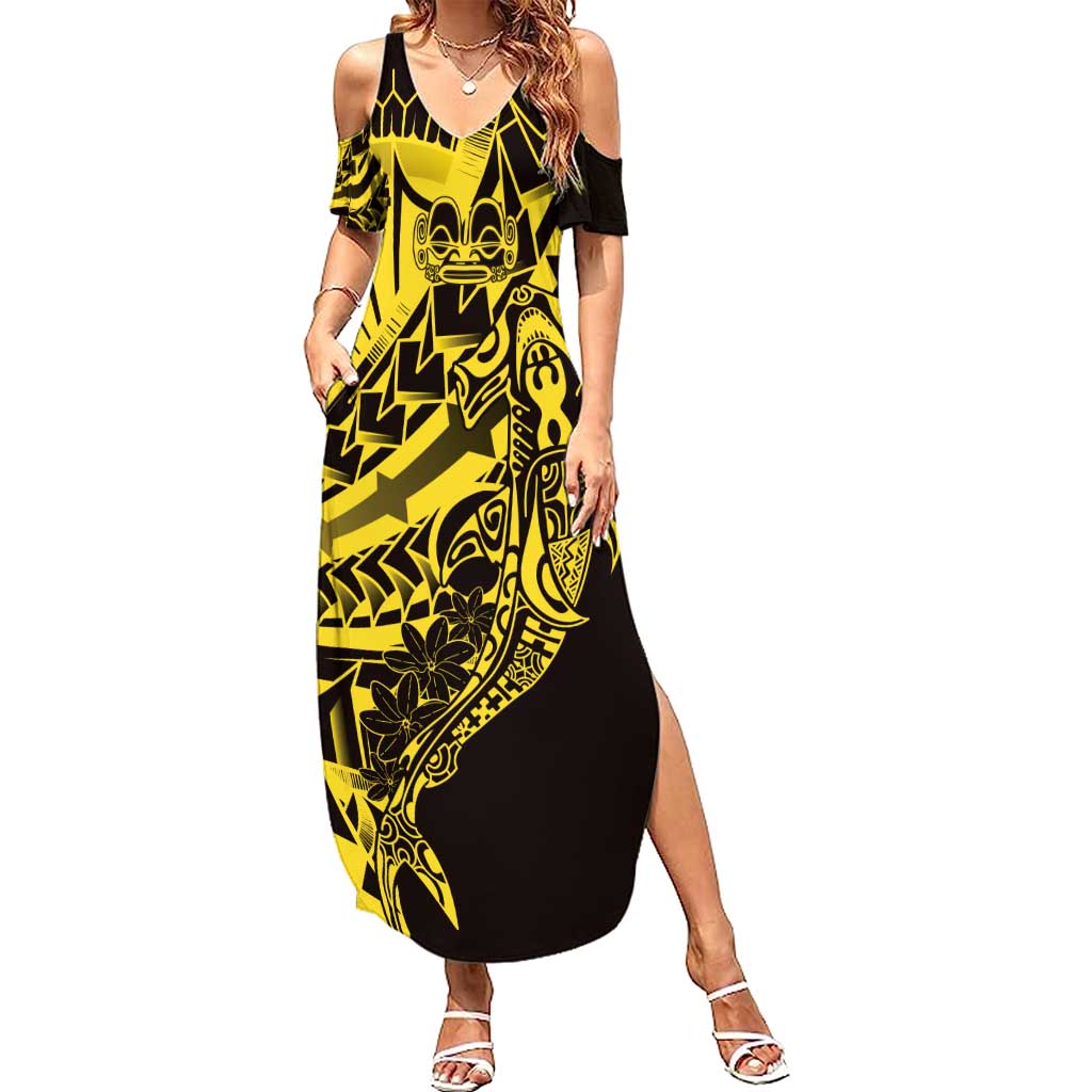 Yellow Marquesas Islands Summer Maxi Dress Marquesan Matatiki Hammerhead Shark Patutiki - Polynesian Pride