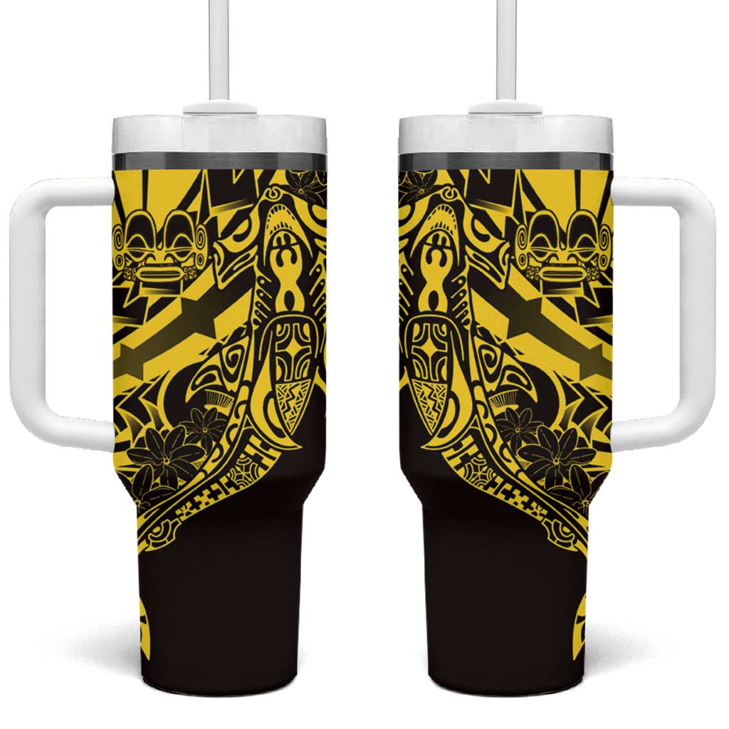 Yellow Marquesas Islands Tumbler With Handle Marquesan Matatiki Hammerhead Shark Patutiki - Polynesian Pride