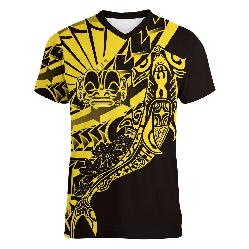 Yellow Marquesas Islands Women V-Neck T-Shirt Marquesan Matatiki Hammerhead Shark Patutiki - Polynesian Pride