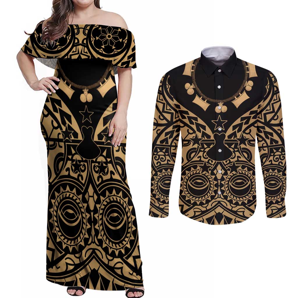 Austral Islands Couples Matching Off Shoulder Maxi Dress and Long Sleeve Button Shirt Tuhaa Pae Penu Stars Necklace Gold - Polynesian Pride