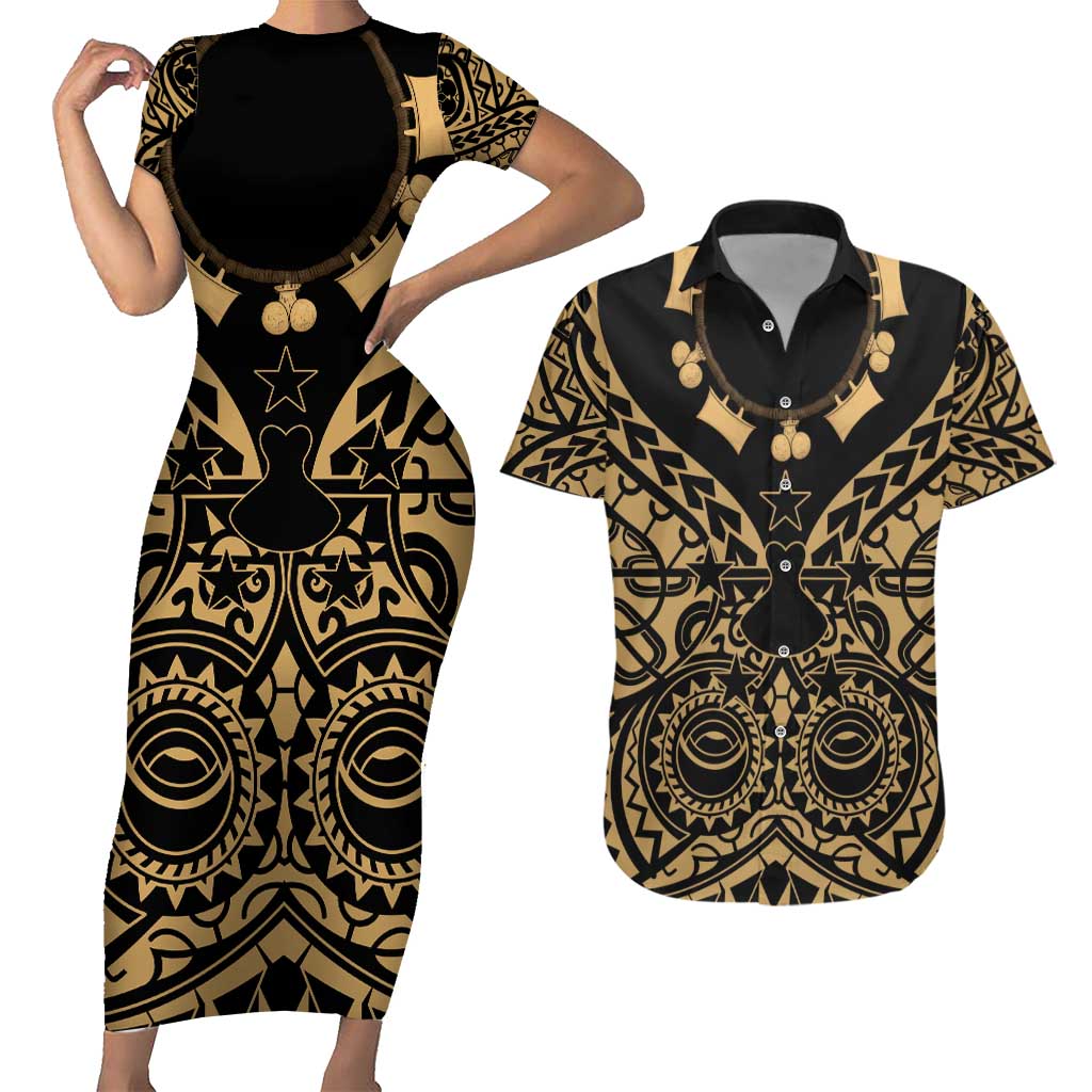 Austral Islands Couples Matching Short Sleeve Bodycon Dress and Hawaiian Shirt Tuhaa Pae Penu Stars Necklace Gold - Polynesian Pride