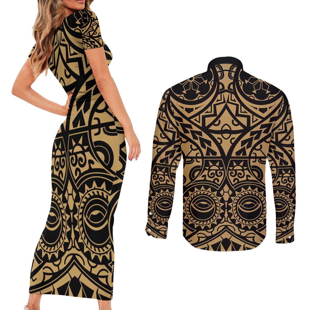 Austral Islands Couples Matching Short Sleeve Bodycon Dress and Long Sleeve Button Shirt Tuhaa Pae Penu Stars Necklace Gold - Polynesian Pride