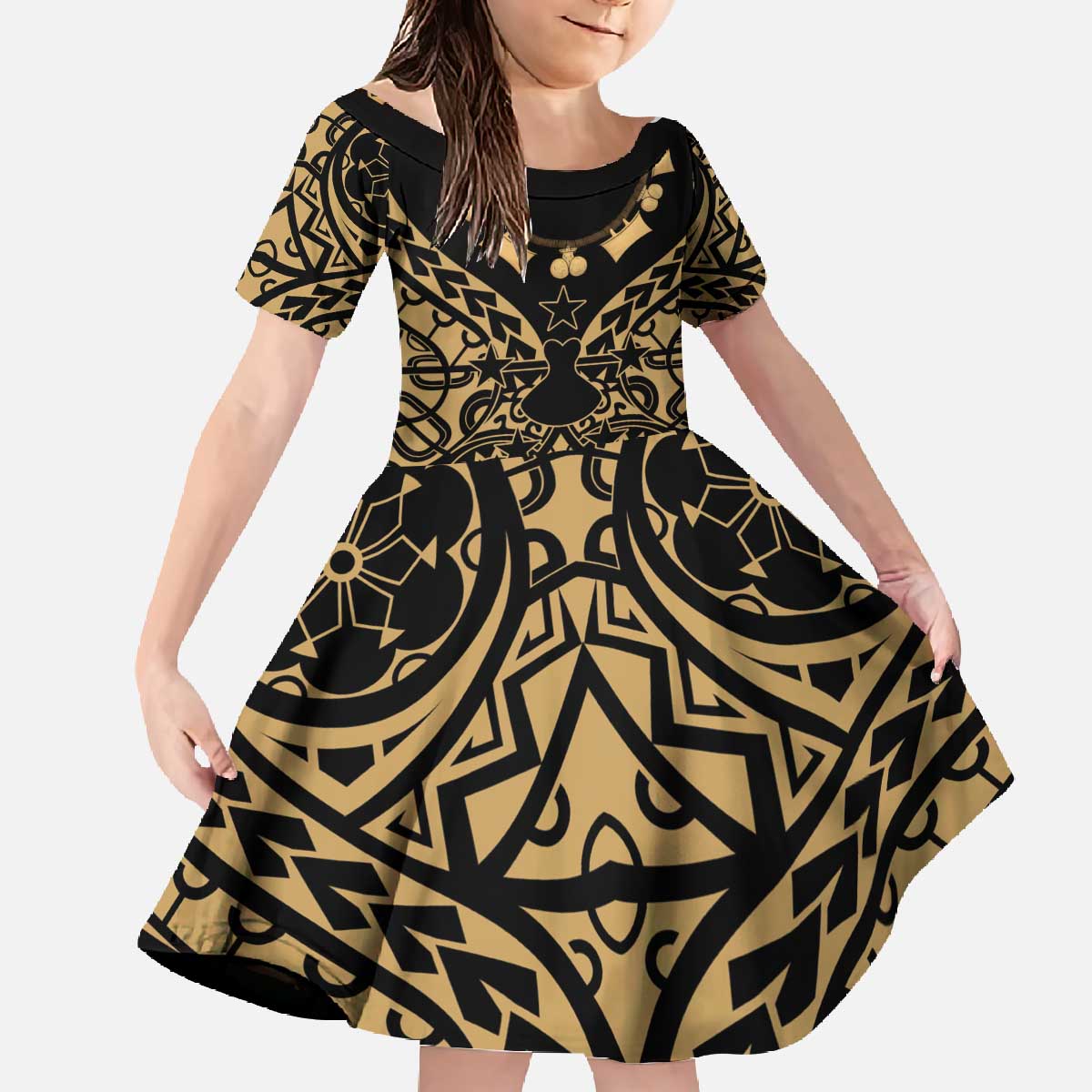 Austral Islands Family Matching Off The Shoulder Long Sleeve Dress and Hawaiian Shirt Tuhaa Pae Penu Stars Necklace Gold - Polynesian Pride