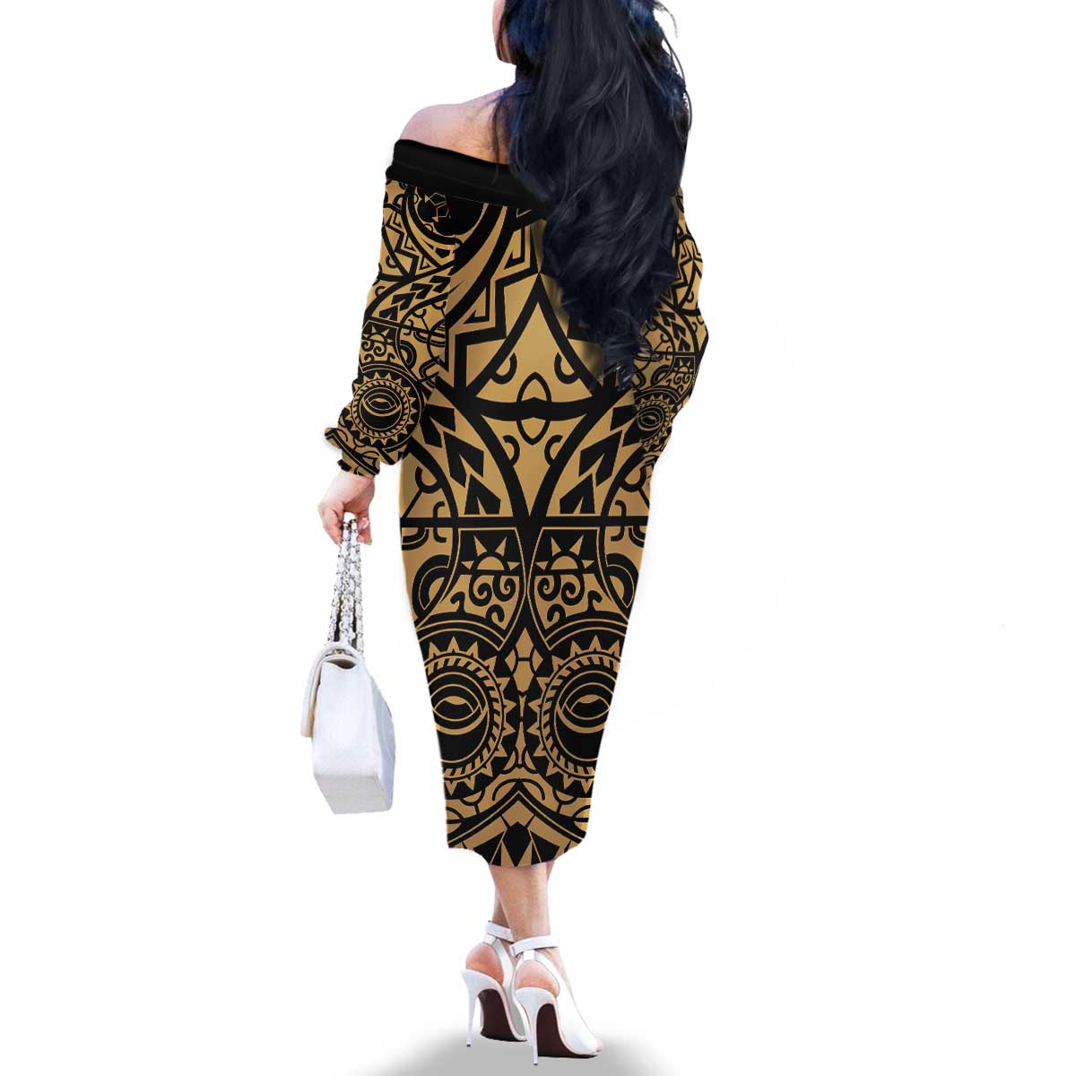 Austral Islands Family Matching Off The Shoulder Long Sleeve Dress and Hawaiian Shirt Tuhaa Pae Penu Stars Necklace Gold - Polynesian Pride