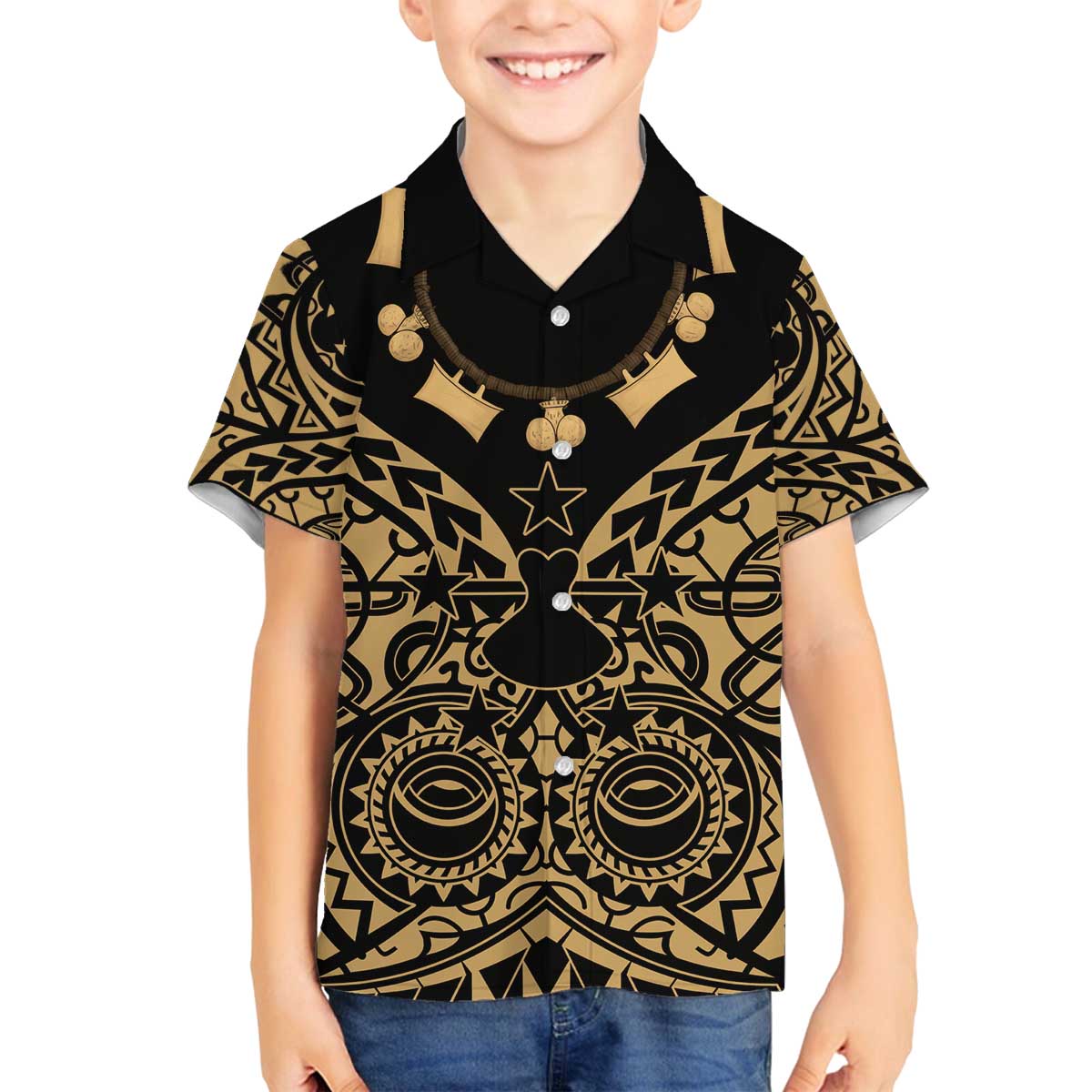 Austral Islands Family Matching Off The Shoulder Long Sleeve Dress and Hawaiian Shirt Tuhaa Pae Penu Stars Necklace Gold - Polynesian Pride