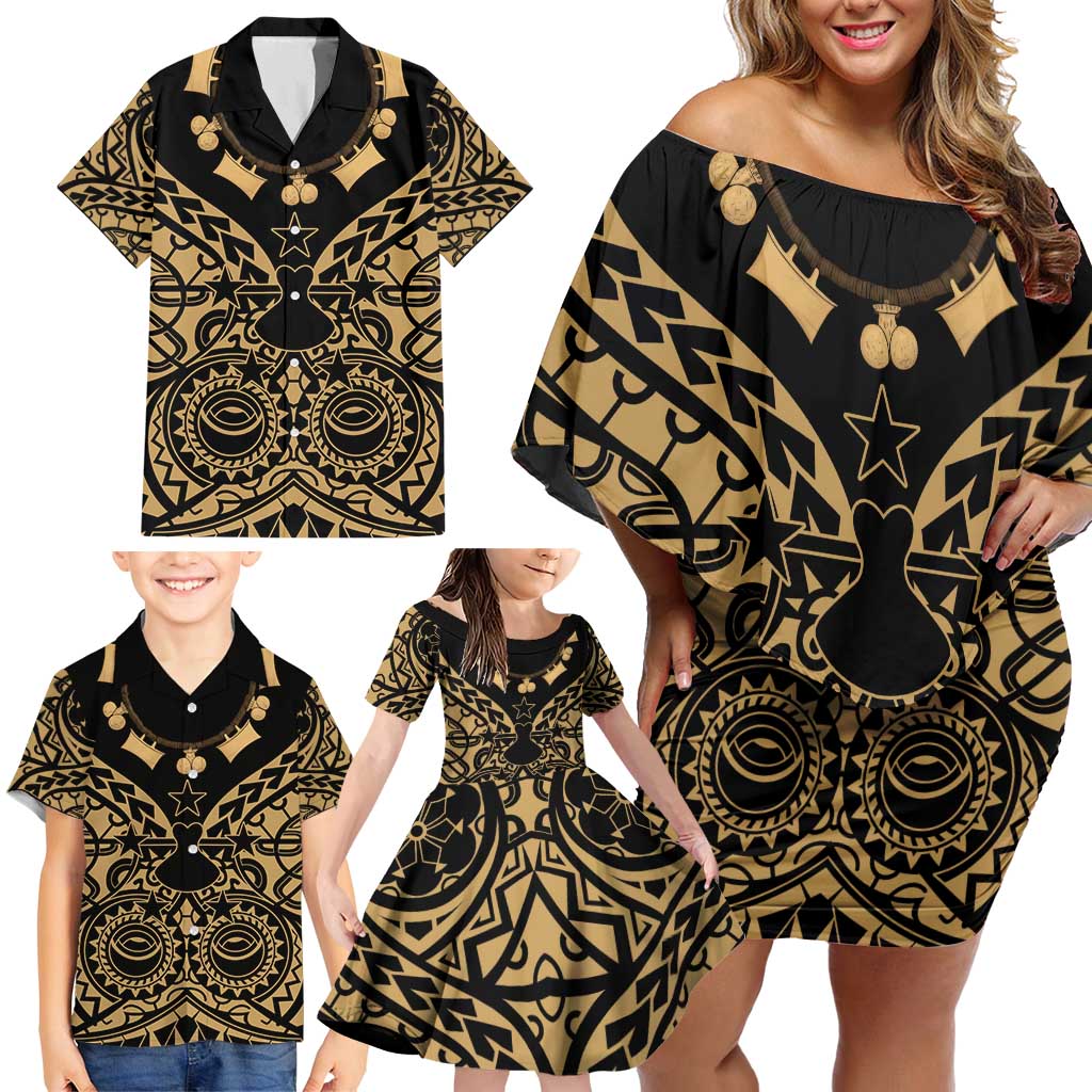 Austral Islands Family Matching Off Shoulder Short Dress and Hawaiian Shirt Tuhaa Pae Penu Stars Necklace Gold - Polynesian Pride