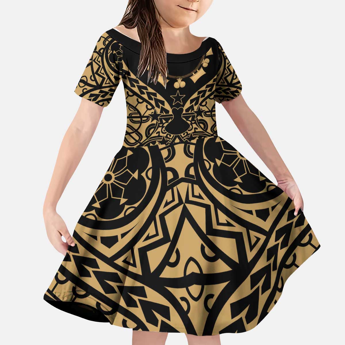 Austral Islands Kid Short Sleeve Dress Tuhaa Pae Penu Stars Necklace Gold - Polynesian Pride