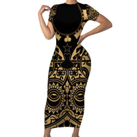 Austral Islands Short Sleeve Bodycon Dress Tuhaa Pae Penu Stars Necklace Gold - Polynesian Pride