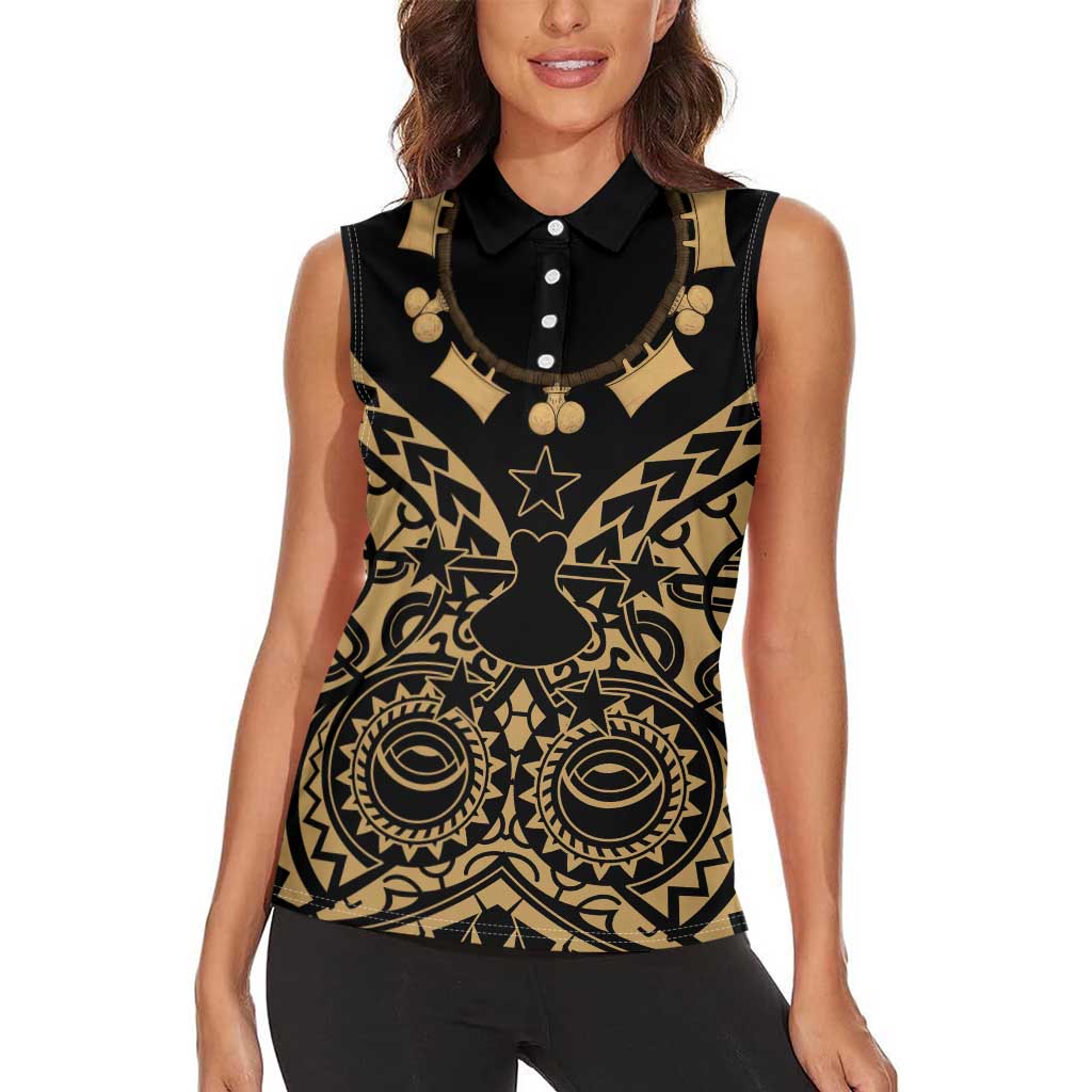Austral Islands Women Sleeveless Polo Shirt Tuhaa Pae Penu Stars Necklace Gold - Polynesian Pride