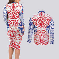 Austral Islands Couples Matching Long Sleeve Bodycon Dress and Long Sleeve Button Shirt Tuhaa Pae Penu Stars Necklace Red - Polynesian Pride