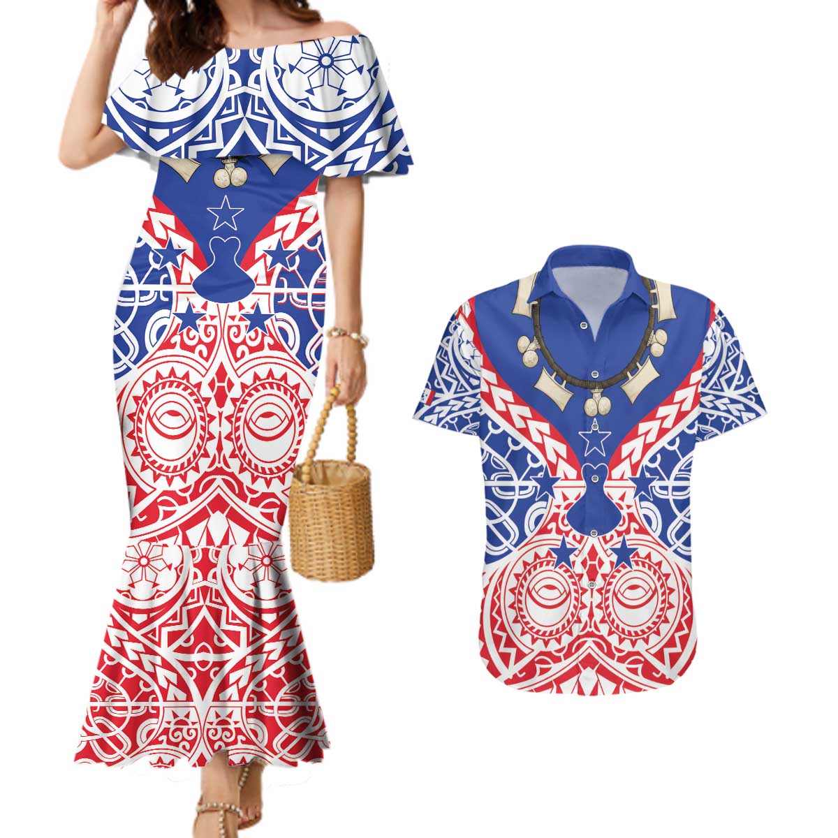 Austral Islands Couples Matching Mermaid Dress and Hawaiian Shirt Tuhaa Pae Penu Stars Necklace Red - Polynesian Pride