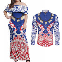Austral Islands Couples Matching Off Shoulder Maxi Dress and Long Sleeve Button Shirt Tuhaa Pae Penu Stars Necklace Red - Polynesian Pride