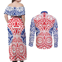 Austral Islands Couples Matching Off Shoulder Maxi Dress and Long Sleeve Button Shirt Tuhaa Pae Penu Stars Necklace Red - Polynesian Pride