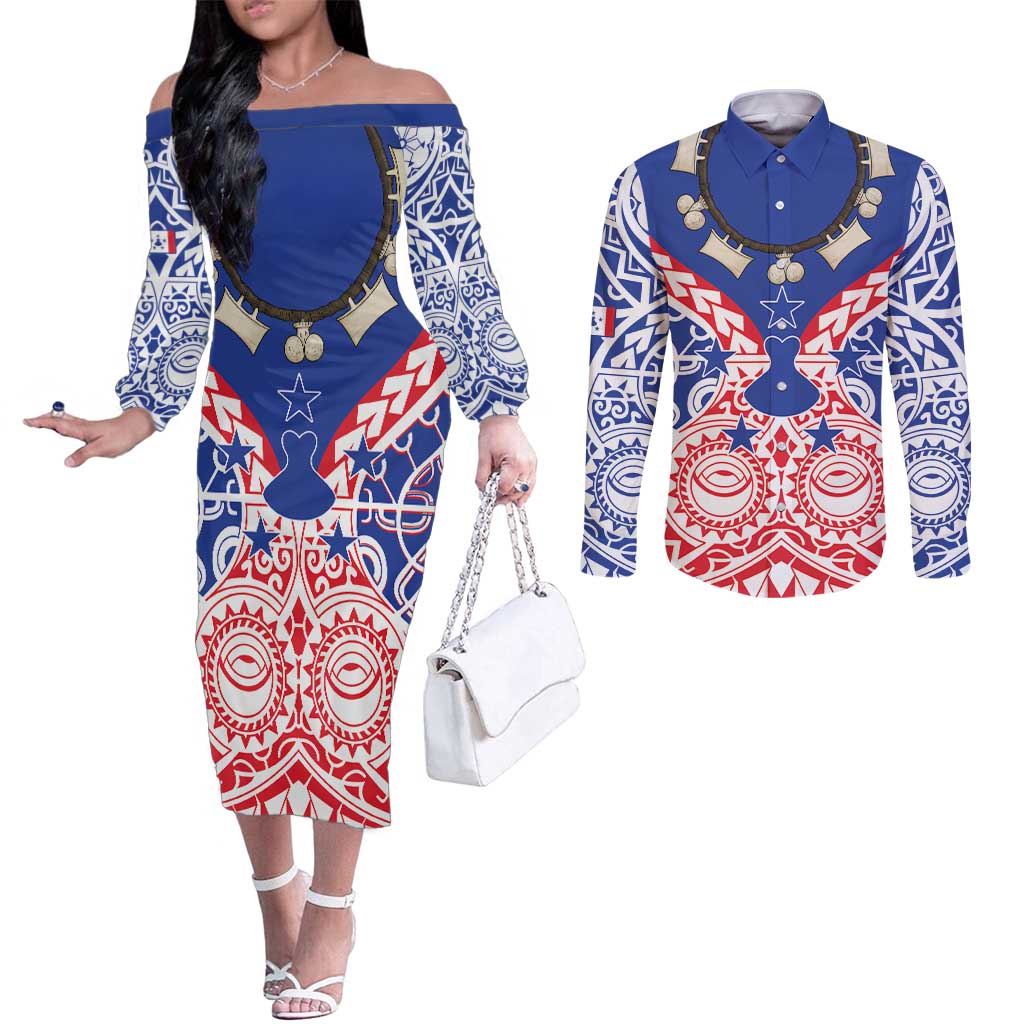 Austral Islands Couples Matching Off The Shoulder Long Sleeve Dress and Long Sleeve Button Shirt Tuhaa Pae Penu Stars Necklace Red - Polynesian Pride