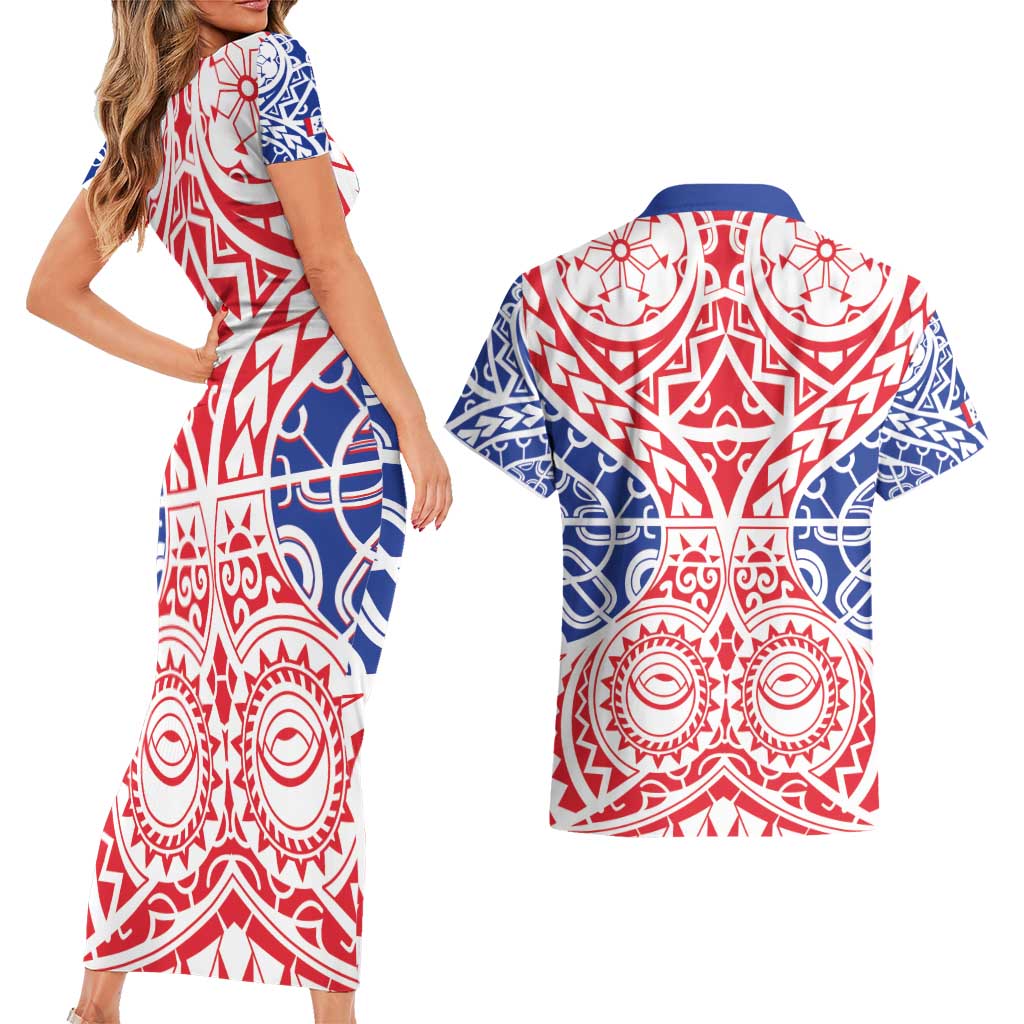 Austral Islands Couples Matching Short Sleeve Bodycon Dress and Hawaiian Shirt Tuhaa Pae Penu Stars Necklace Red - Polynesian Pride