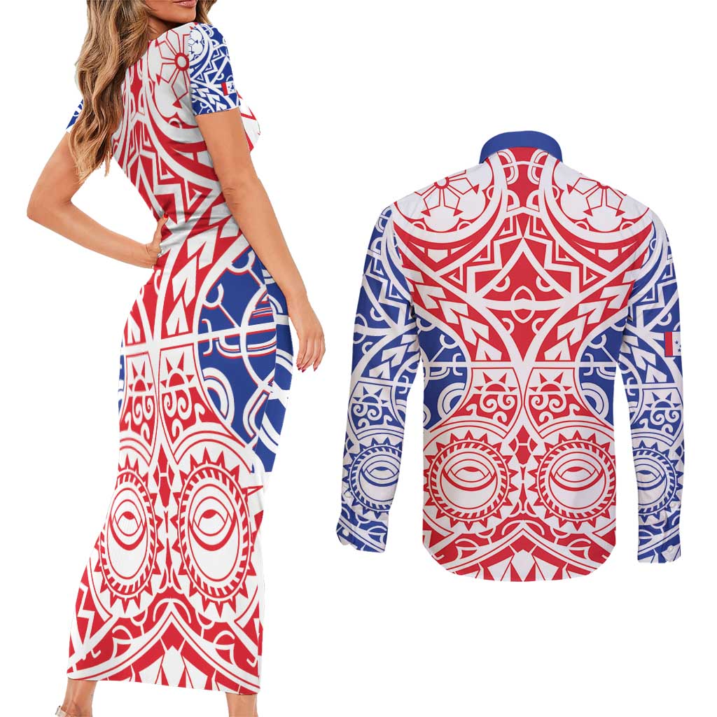 Austral Islands Couples Matching Short Sleeve Bodycon Dress and Long Sleeve Button Shirt Tuhaa Pae Penu Stars Necklace Red - Polynesian Pride