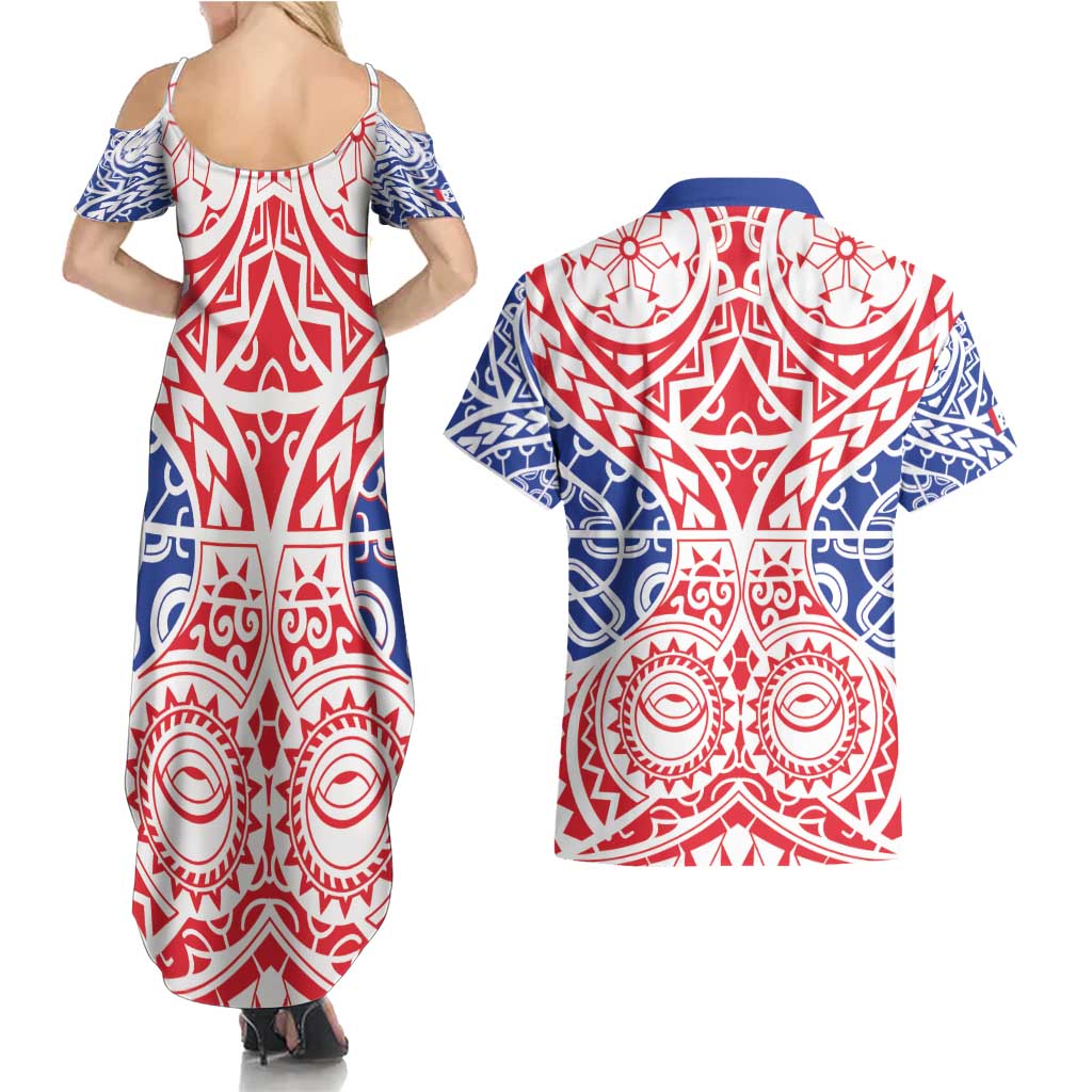 Austral Islands Couples Matching Summer Maxi Dress and Hawaiian Shirt Tuhaa Pae Penu Stars Necklace Red - Polynesian Pride