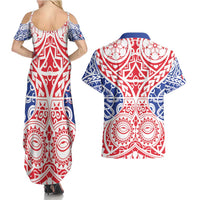 Austral Islands Couples Matching Summer Maxi Dress and Hawaiian Shirt Tuhaa Pae Penu Stars Necklace Red - Polynesian Pride