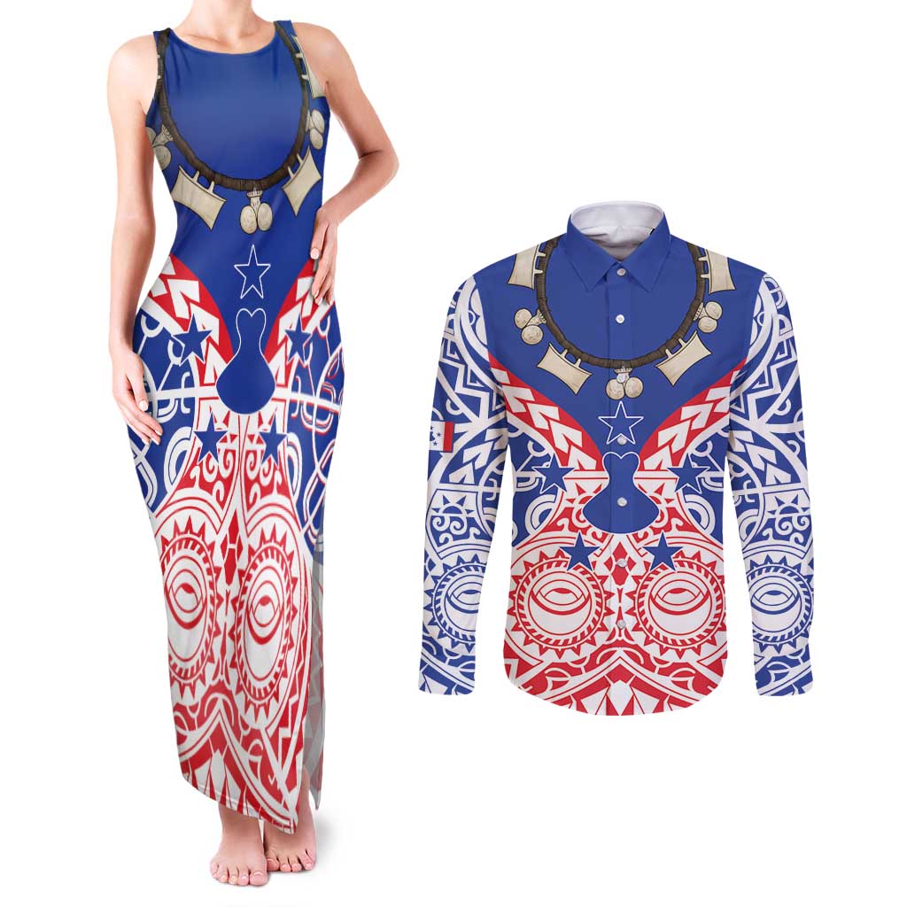 Austral Islands Couples Matching Tank Maxi Dress and Long Sleeve Button Shirt Tuhaa Pae Penu Stars Necklace Red - Polynesian Pride