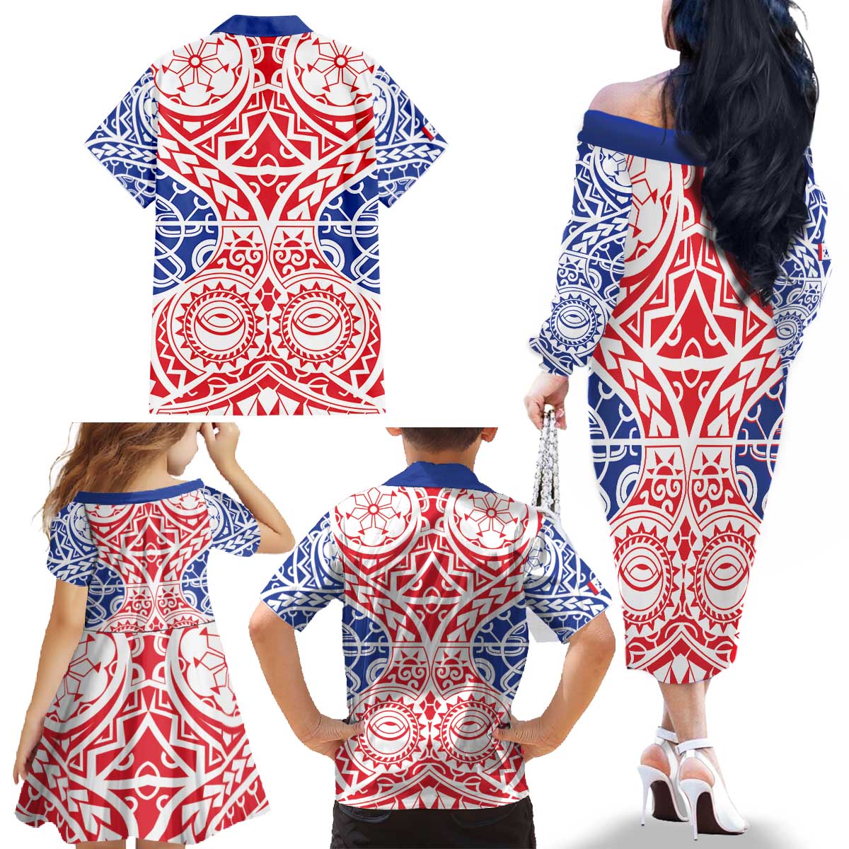 Austral Islands Family Matching Off The Shoulder Long Sleeve Dress and Hawaiian Shirt Tuhaa Pae Penu Stars Necklace Red - Polynesian Pride