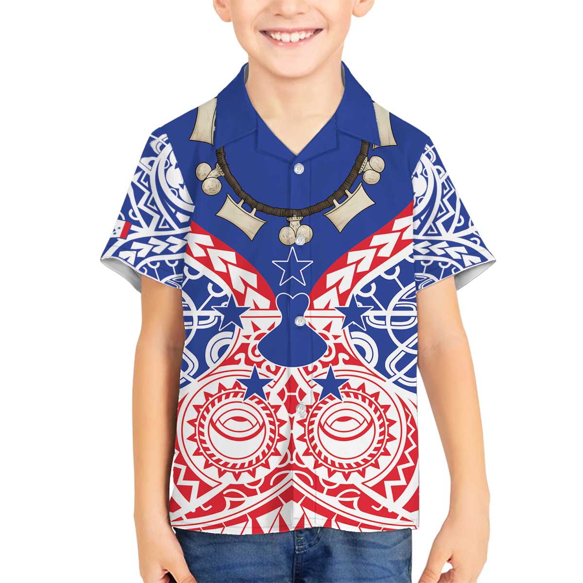 Austral Islands Family Matching Off The Shoulder Long Sleeve Dress and Hawaiian Shirt Tuhaa Pae Penu Stars Necklace Red - Polynesian Pride