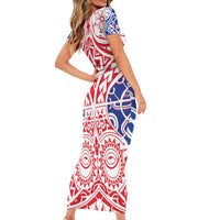 Austral Islands Family Matching Short Sleeve Bodycon Dress and Hawaiian Shirt Tuhaa Pae Penu Stars Necklace Red - Polynesian Pride