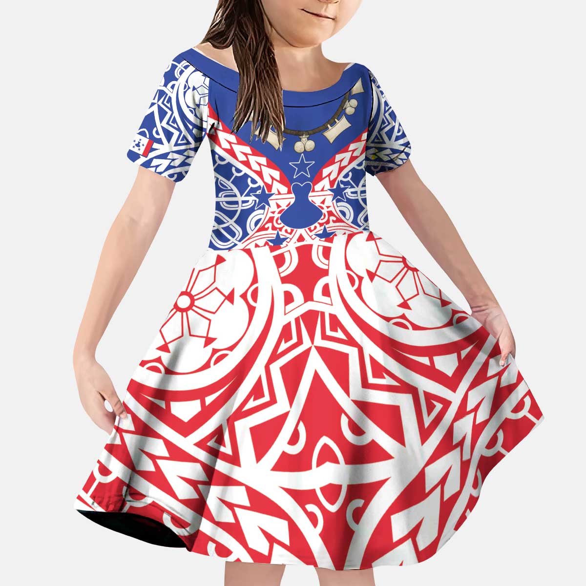 Austral Islands Kid Short Sleeve Dress Tuhaa Pae Penu Stars Necklace Red - Polynesian Pride